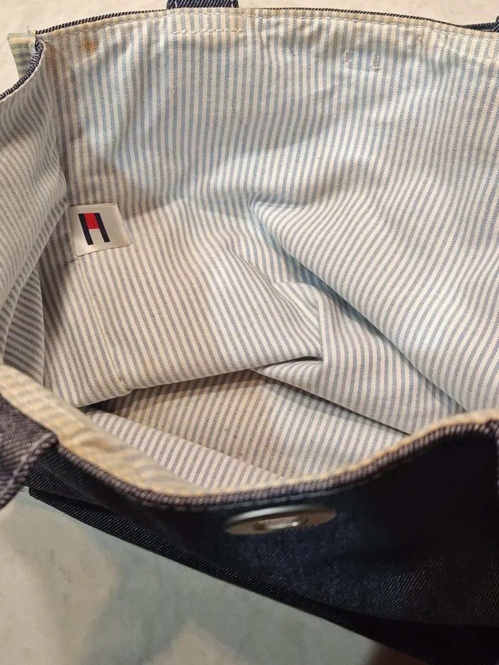Y2k Tommy Hilfiger Denim Tote with White Trim and Flag Patch